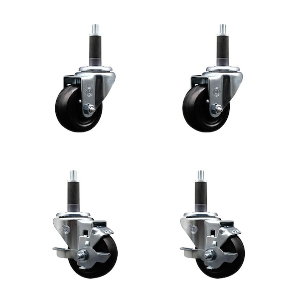 3'' SS Soft Rubber Wheel Swivel 1'' Expanding Stem Caster Set 2 Brakes, 4PK